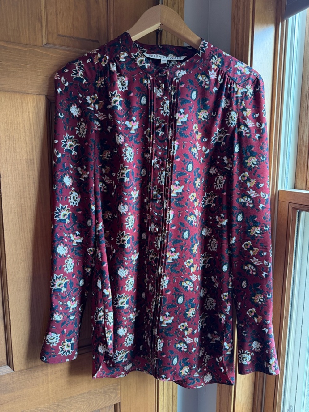 Veronica Beard Burgundy Floral Pintuck Button Blouse